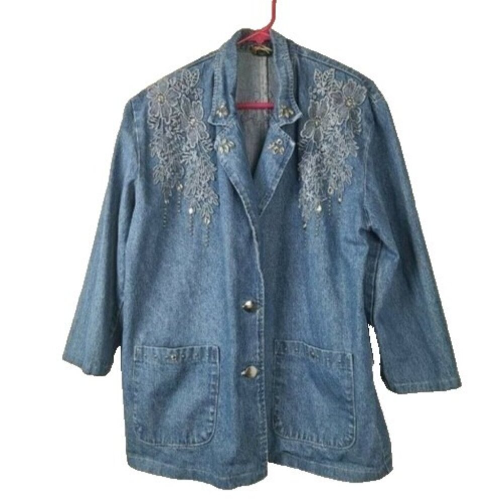 Vintage Cactus Womens Denim‎ Blazer Jacket Size Small Blue Beaded Western